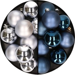 24x stuks kunststof kerstballen mix van zilver en donkerblauw 6 cm - Kerstbal