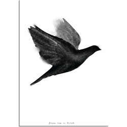 Vogel poster - Waterverf stijl - Interieur poster - Zwart wit poster - Abstract - A4 + Fotolijst zwart