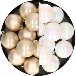 24x stuks kunststof kerstballen mix van parelmoer wit en champagne 6 cm - Kerstbal