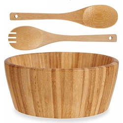 Bamboe houten salade serveerschaal met slacouvert 20 x 8 cm - Saladeschalen