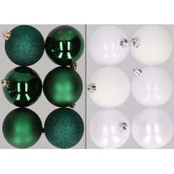 12x stuks kunststof kerstballen mix van donkergroen en wit 8 cm - Kerstbal