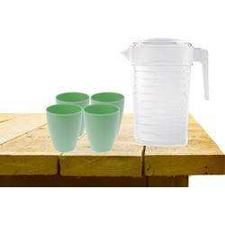 Set van 1x waterkan 1 liter met 4x drinkbekers kunststof groen - Schenkkannen