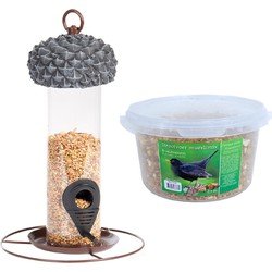 Vogel voedersilo met eikeldeksel metaal/pvc 27 cm inclusief 4-seizoenen mueslimix vogelvoer - Vogel voedersilo