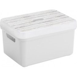 Sunware Opbergbox/mand - wit - 13 liter - met deksel hout kleur - Opbergbox