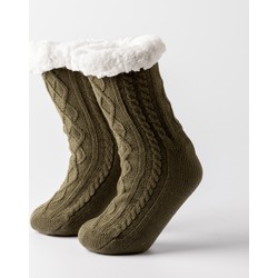 Geen merk ELZA - Huissokken - antislip - met sherpa voering - one size - Military Olive - groen - Dutch Decor kerst collectie