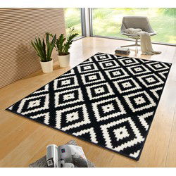 Laagpolig vloerkleed - Design velours Diamond - Zwart / Wit - 80x200 cm