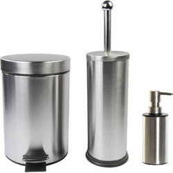 Toiletborstel houder zilver 38 cm met zeeppompje 300 ml en pedaalemmer metaal - Badkameraccessoireset