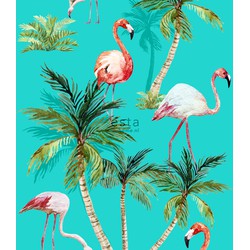 ESTAhome behang XXL flamingos turquoise. groen en roze