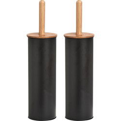 Zeller WC/Toiletborstel in houder - 2x - bamboe hout - zwart - H38 cm - Toiletborstels