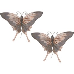 2x stuks grijs/goudbruine metalen tuindecoratie vlinder hangdecoratie 34 x 24 cm cm - Tuinbeelden