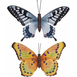 Vlinders - 2x - metaal - geel/paars/grijsblauw - 35 x 24 cm - Tuinbeelden