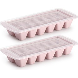 Set van 2x stuks IJsblokjes/ijsklontjes maken kunststof bakje met afsluitdeksel roze 28 x 11 cm - IJsblokjesvormen