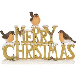 Clayre & Eef Beeld Vogel 13 cm Goudkleurig Wit Polyresin Merry Christmas Kerstdecoratie