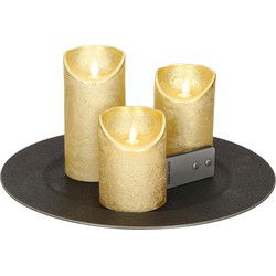 Ronde kaarsenplateau zwart van kunststof D33 cm met 3 gouden LED-kaarsen 10/12,5/15 cm - Kaarsenplateaus