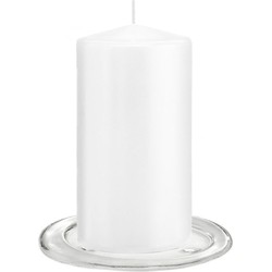 Trend Candles - Stompkaarsen met glazen onderzetters set van 2x stuks - helder wit 8 x 15 cm - Stompkaarsen