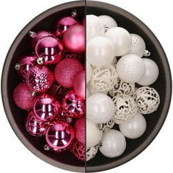 74x stuks kunststof kerstballen mix van fuchsia roze en wit 6 cm - Kerstbal