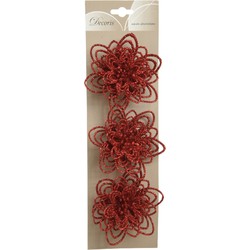 Decoratie bloemen - 3x - rood glitter - op clip - 11 cm - Kersthangers