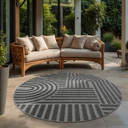 Berlin Outdoor - Japandi - Rond - Grijs - Vloerkleed Binnen en Buiten - Laagpolig Tapijt Tuin- 120 CM ROND