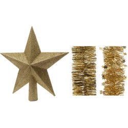 Kerstversiering kunststof glitter ster piek 19 cm en folieslingers pakket goud van 3x stuks - kerstboompieken