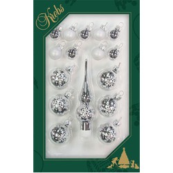 Luxe zilveren glazen mini kerstballen en piek set voor mini kerstboom 16-dlg - Kerstbal