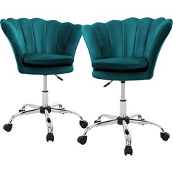 Bureaustoel set van 2 met wielen en rugleuning schelpdesign 68x68 cm petrol fluweel metalen frame ML design