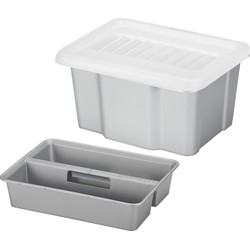 Sunware opslagbox kunststof 24 liter lichtgrijs 42 x 33 x 22 cm met deksel en organiser tray - Opbergbox