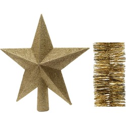 Kerstversiering kunststof glitter ster piek 19 cm en folieslingers pakket goud van 3x stuks - kerstboompieken