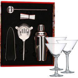 Cocktailshaker set RVS 5-delig inclusief 6x cocktail/martini glazen 190 ml - Cocktailshakers