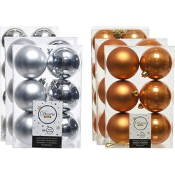 Kerstversiering kunststof kerstballen mix cognac bruin/zilver 4-6-8 cm pakket van 68x stuks - Kerstbal