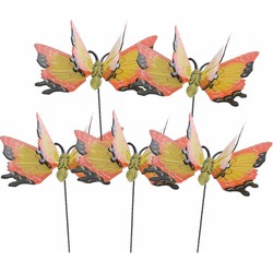 Set van 5x stuks metalen vlinder geel/oranje 11 x 70 cm op steker - Tuinbeelden