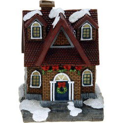 Verlicht kersthuisjes - rood dak - Polystone - 14 cm - kerstdorp - Kerstdorpen