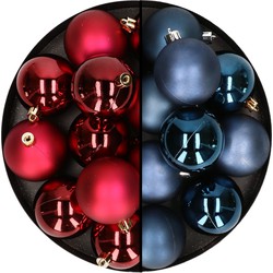 24x stuks kunststof kerstballen mix van donkerrood en donkerblauw 6 cm - Kerstbal