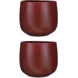 Set van 2x stuks bloempotten bordeaux rood ribbels keramiek voor kamerplant H25 x D29 cm - Plantenpotten