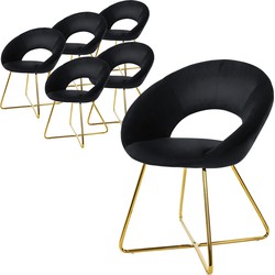 Set van 6 eetkamerstoelen met ronde open rugleuning zwart fluweel met goudkleurige metalen poten ML design