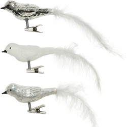 3x stuks glazen decoratie vogels op clip wit/zilver 8 cm - Kersthangers