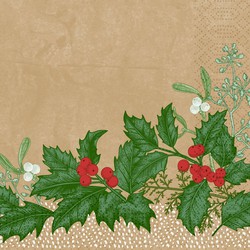 40x stuks kerst thema tafel servetten met hulsttakjes 33 x 33 cm - Feestservetten