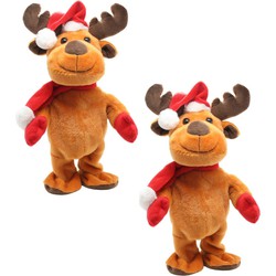 2x stuks rendier pop knuffels dansend 30 cm bewegende kerstfiguren/kerstpoppen - Kerstman pop