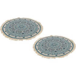 Set van 2x stuks badkamerkleedje rond 50 cm naturel met blauwe mandala print - Badmatjes