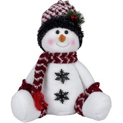 Pluche decoratie sneeuwpop - 36 cm - met witte muts - zittend - Kerstman pop