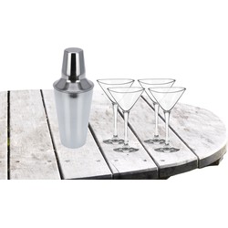 Cocktailshaker met 4x Cocktailglazen Martini transparant 250 ml - Cocktailglazen