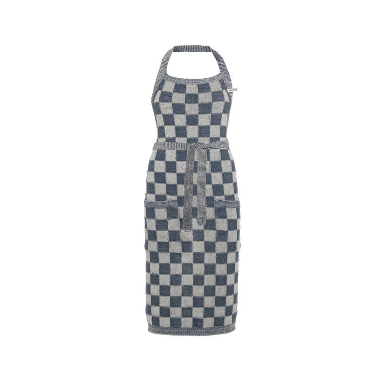 Knit Factory Gebreide Keukenschort Dames & Heren - Kookschort - Barbecue schort Block - Ecru/Granit - One Size - Met steekzakken - 