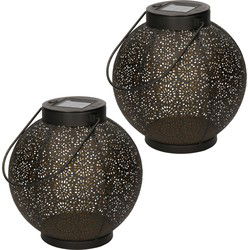 2x stuks solar lantaarn met cirkel patroon metaal zwart 19 cm - Lantaarns