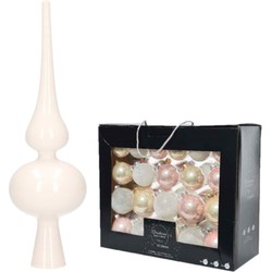 42x stuks glazen kerstballen lichtroze parel/wit 5 cm, 6 cm en 7 cm met witte glazen piek 26 cm - Kerstbal