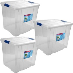 3x Opbergboxen/opbergdozen met deksel 35 liter kunststof transparant/blauw - Opbergbox