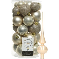 Decoris kerstballen 30x stuks - licht champagne 4/5/6 cm kunststof mat/glans/glitter mix en piek - Kerstbal