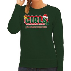 Bellatio Decorations foute kersttrui/sweater voor dames - girls just wanna have wine - groen/rood XS - kerst truien