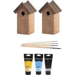 2x Houten vogelhuisje/nestkastje 22 cm - zwart/geel/lichtblauw Dhz schilderen pakket - Vogelhuisjes