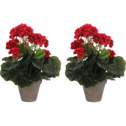 2x stuks geranium kunstplanten rood in keramieken pot H34 x D20 cm - Kunstplanten