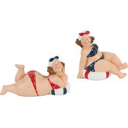 Woonkamer decoratie beeldjes set 2 dikke dames - stippen badpak - 12 cm - Beeldjes