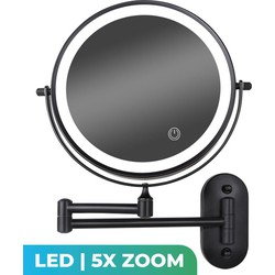 Mirlux Make Up Spiegel met LED Verlichting - 5X Vergroting - Wandspiegel Rond - Scheerspiegel Wandmodel - Badkamer - Douche - Zwart